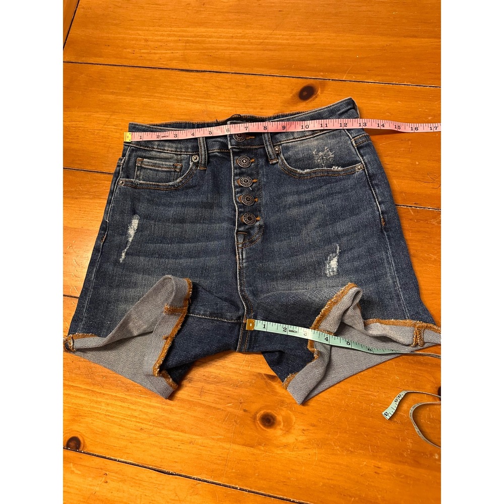Risen Los Angeles High Rise Distressed Button Fly Denim Shorts Dark Wash Small - Picture 8 of 9